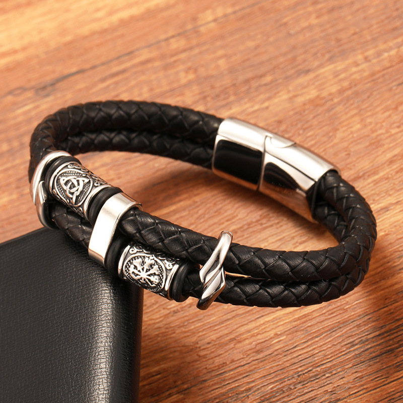New Cross-border Explosions Handmade Black Leather Stainless Steel Nordic Viking Double Beaded Men's Fashionable Bracelet