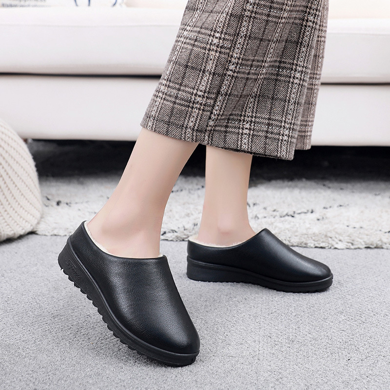 Winter New Women's Fleece-lined Warm Non-slip Lazy Slip-on Indoor and Outdoor Home Waterproof PU Cotton Slippers