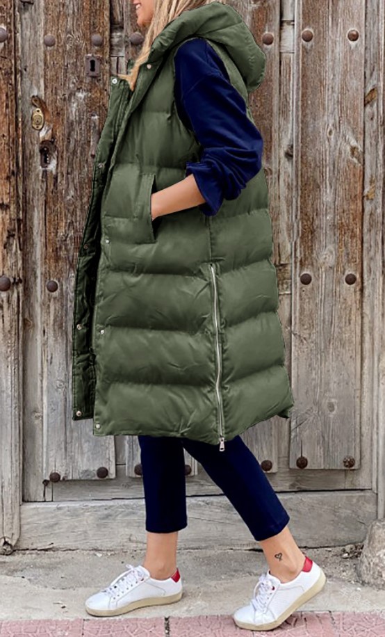 2022 autumn and winter solid color hooded long cotton-padded jacket women's loose warm casual fashion single-breasted zipper sleeveless jacket_voghion.com