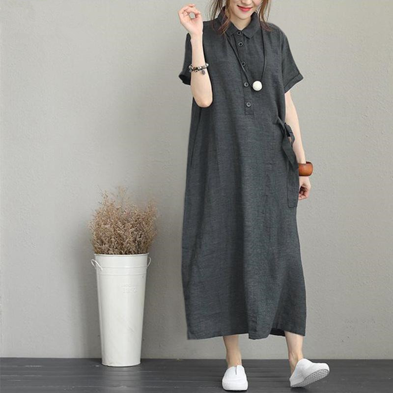 Cross-Border New POLO collar cotton linen lapel short sleeve loose pocket temperament women's casual dress