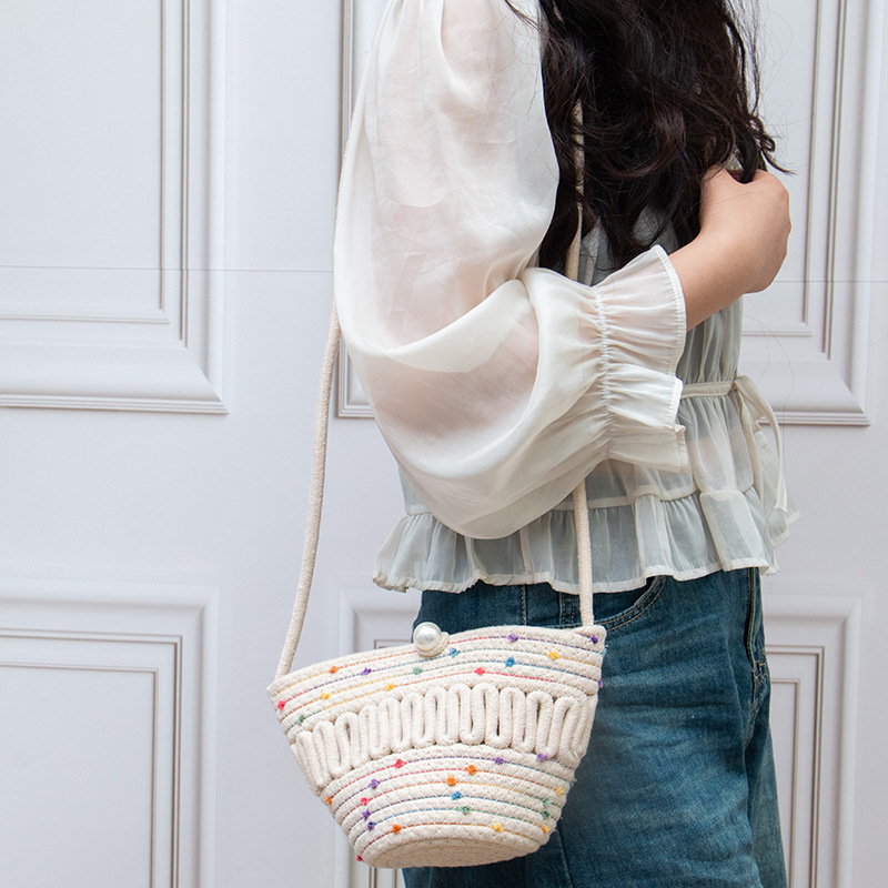 Pearl Cotton Thread Bag Women's New Pearl Straw Bag Beach Vacation Shoulder Crossbody Small Bag