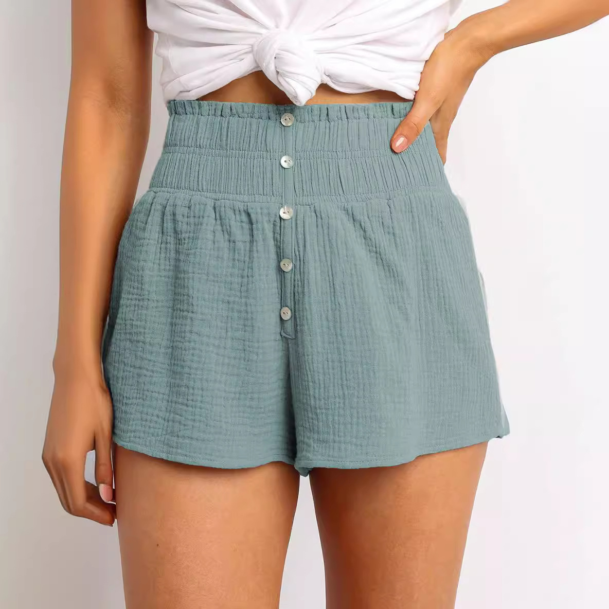 2024 Women's Summer Short Pleated Pocket A- Shaped Elastic Lace-Up High Waist New Shorts