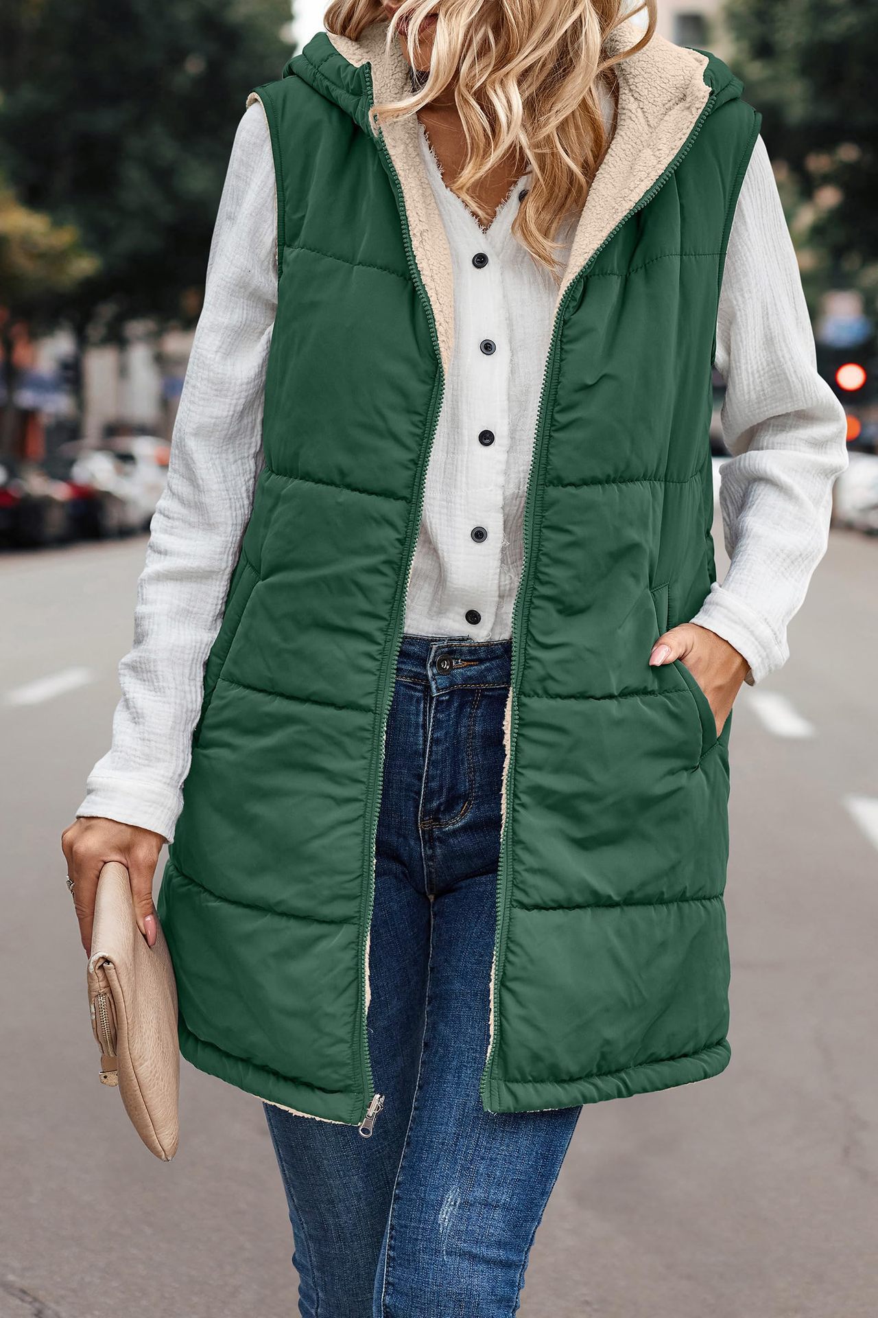 In stock 2023 new European and American solid color hooded cotton-padded vest double-sided warm cardigan windproof coat_voghion.com