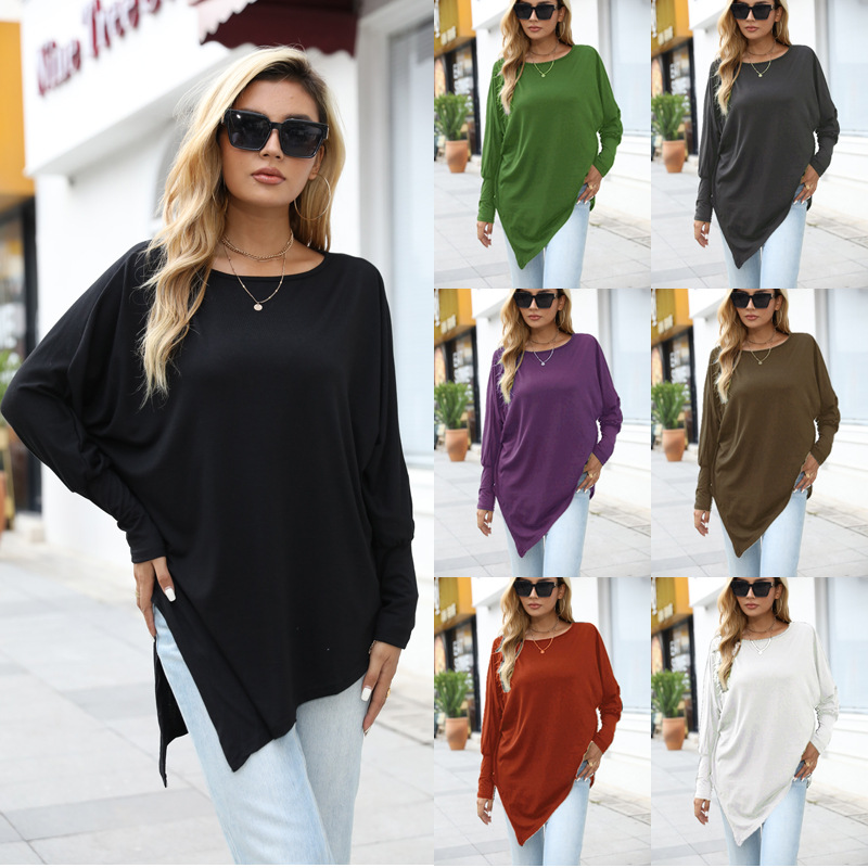 Amazon Independent Station Cross-border Autumn and Winter New WISH Long-sleeved Irregular T-shirt Casual Loose Large Size Chubby Top