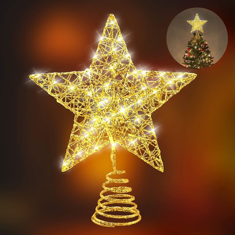 Amazon new Christmas tree decorative lights led copper wire star lights iron glitter Christmas tree top star light string