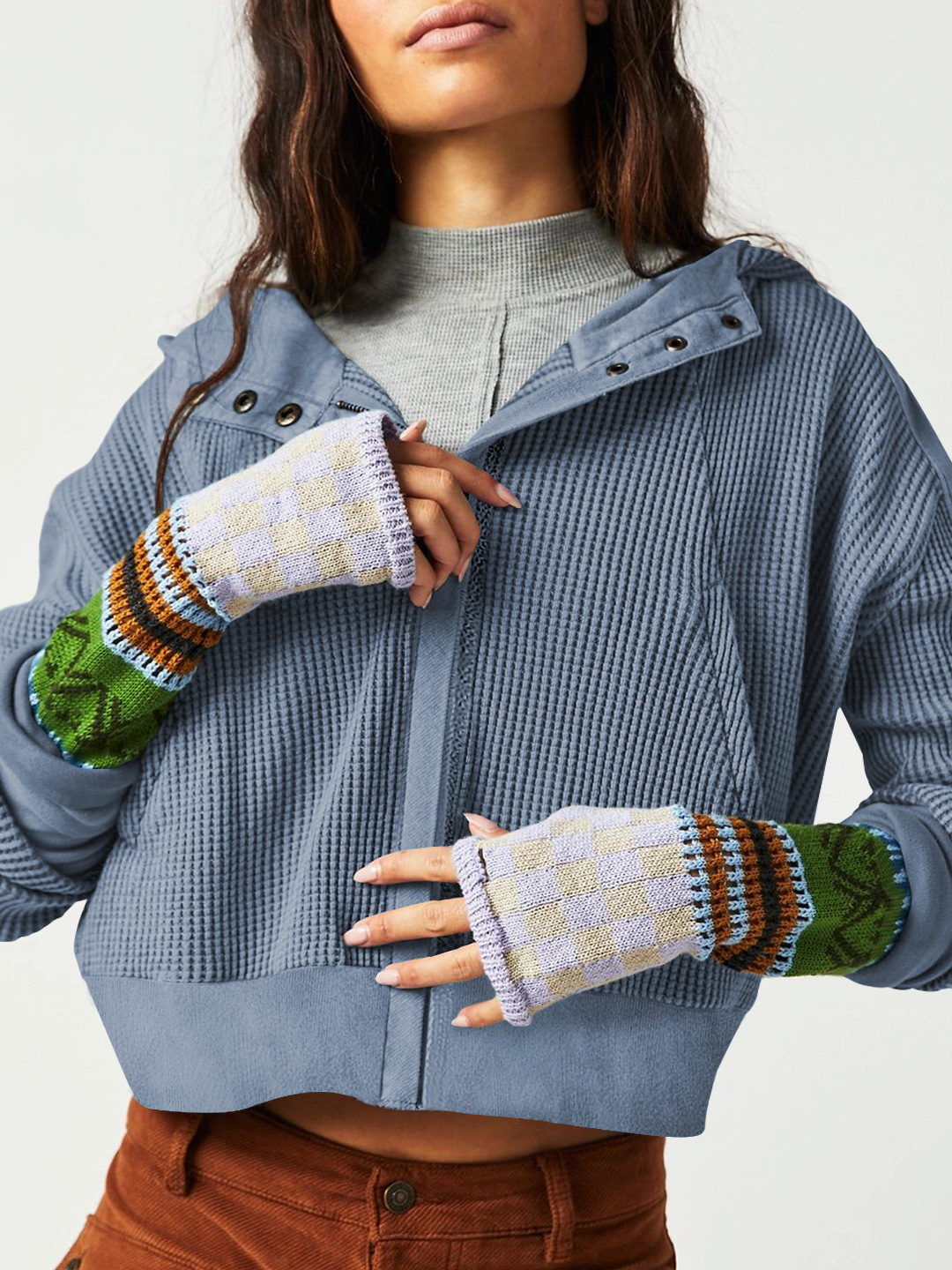 Amazon Stitching Sweater Long Sleeve Pullover Cardigan Zipper Top Trendy Hoodie Autumn and Winter Women