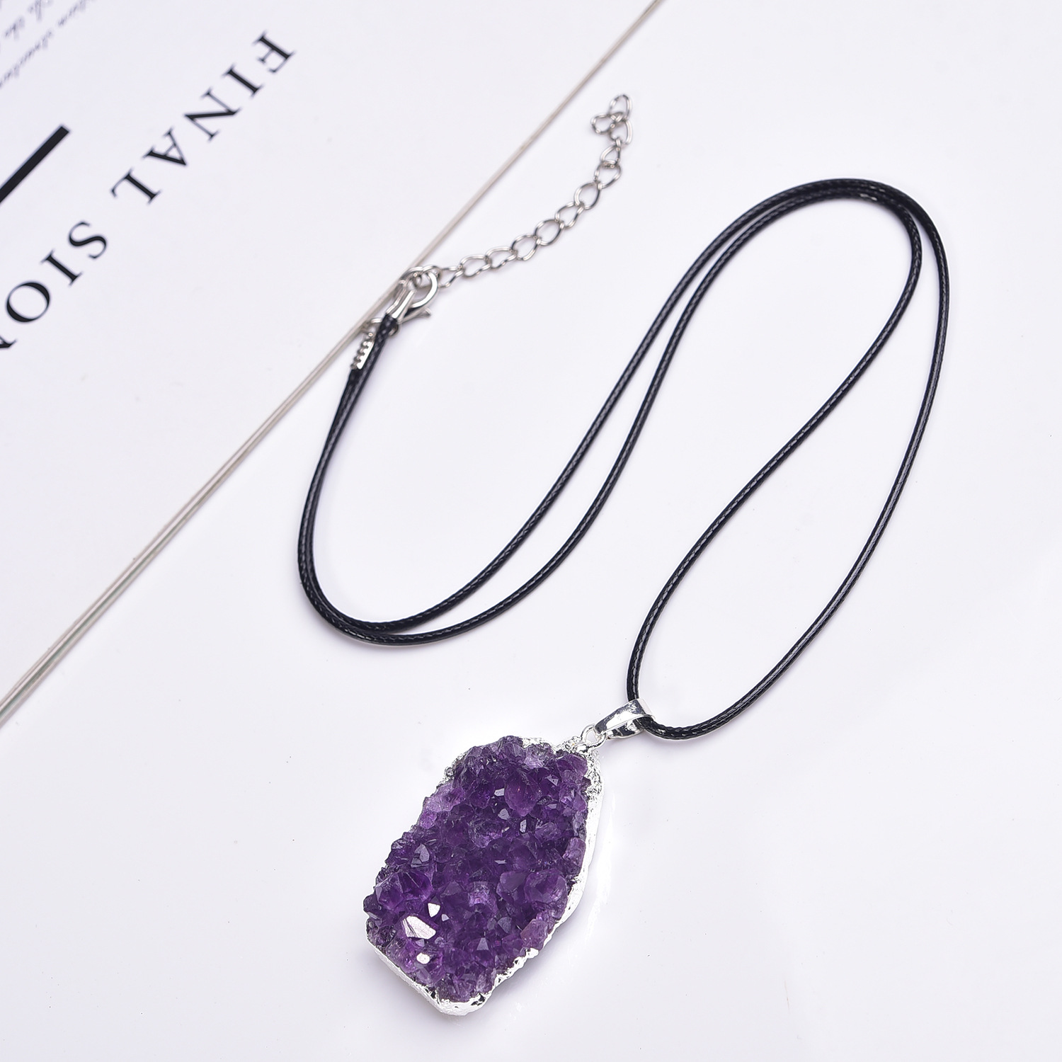 Natural Amethyst Cluster Pendant Amethyst Cluster Original Stone Men's and Women's Necklace Gold-plated Silver Edge Crystal Pendant Cross-border