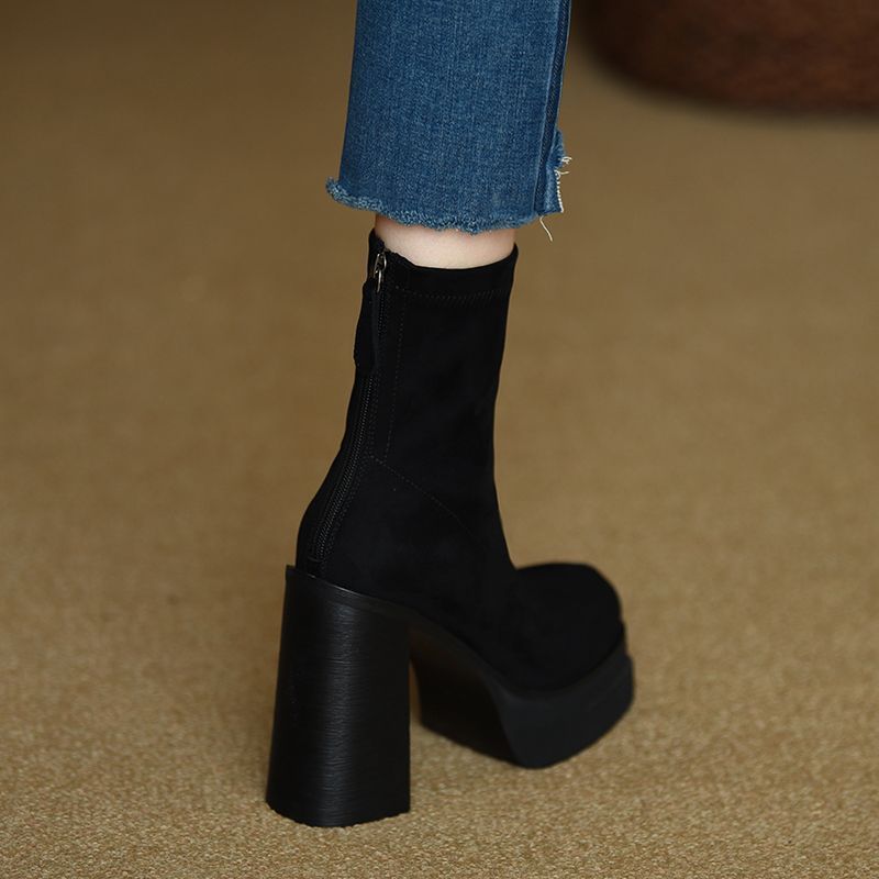 Fashion boots elastic boots Korean style thin boots 2023 autumn and winter super high heel chunky heel square toe waterproof platform short boots for women