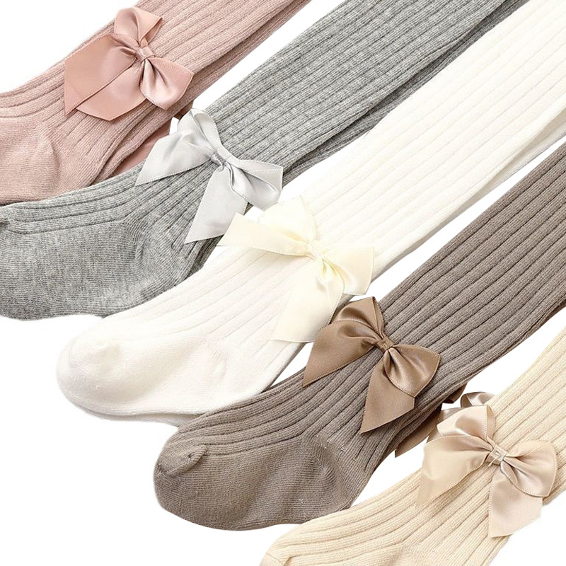 Children's pantyhose spring and summer girls' leggings cotton vertical stripes autumn and winter baby girls' big bow thickened socks outer wear
