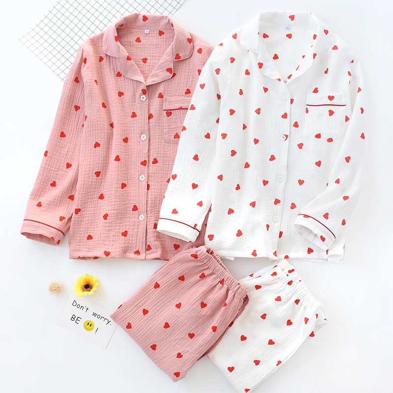 New Spring Summer Autumn Cotton Cotton Yarn Women's Pajamas Lapel Cute Little Heart Long Sleeve Trousers Home Clothes suit