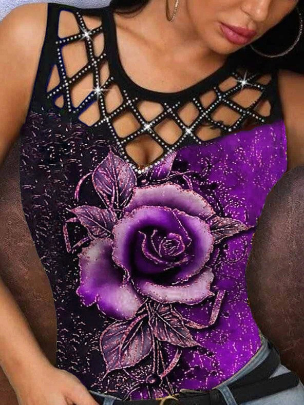 2021 European and American summer women's new ebay independent station wish3D rose hollow Vest Women's T-shirt top