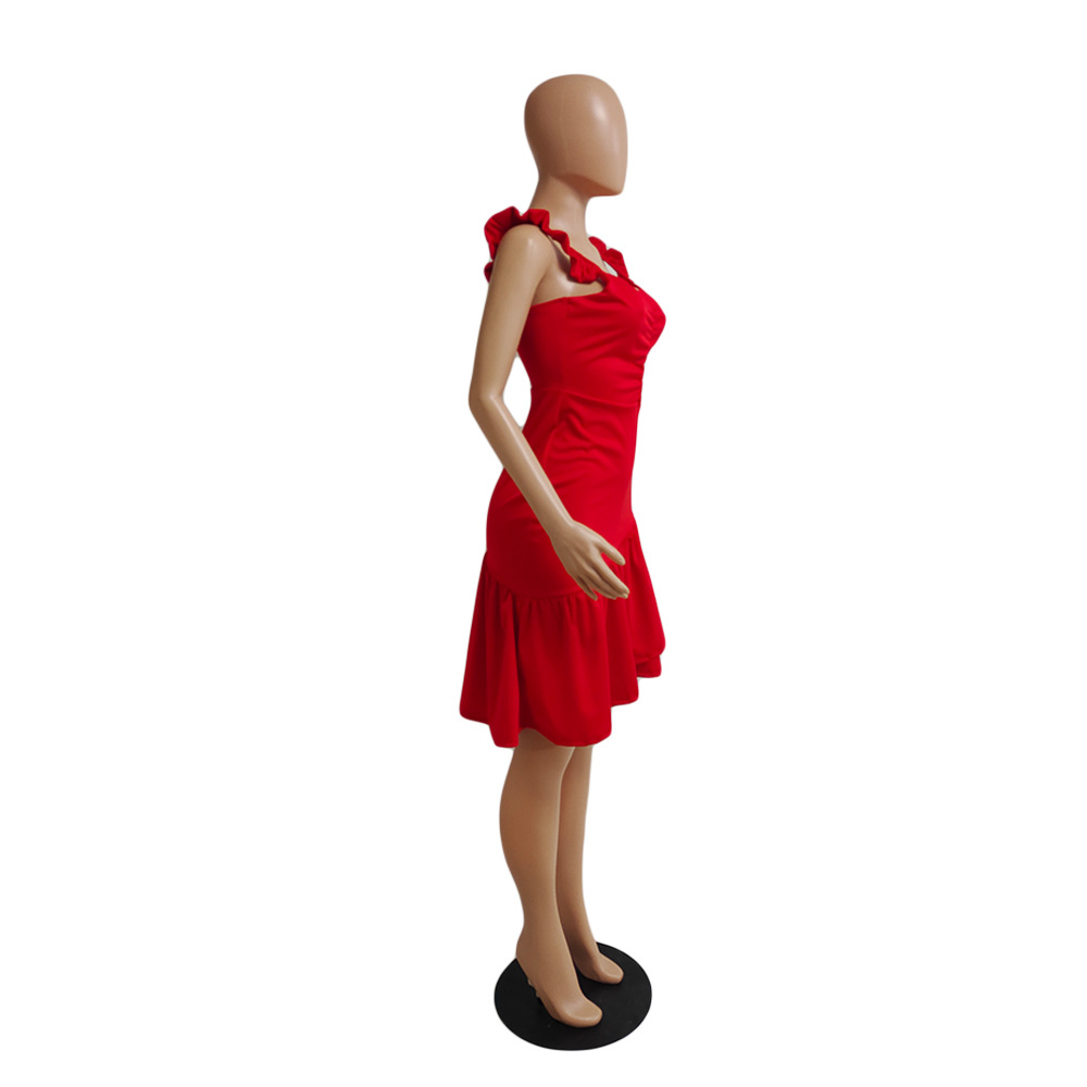 DY6949 Amazon European and American women's independent stand solid color sexy irregular ruffled slim dress dress