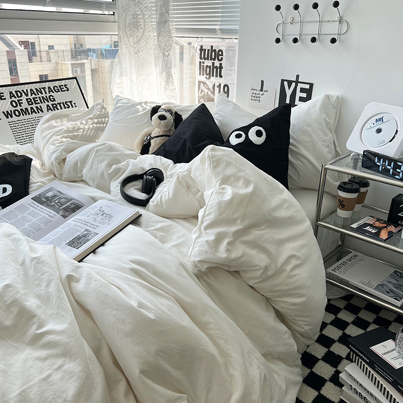 ins Milk White ~ Small Blog Main Art Style Simple Solid Color Washed Cotton Bed Sheet Quilt Cover 3 4 Piece Set 1.5 m1.8