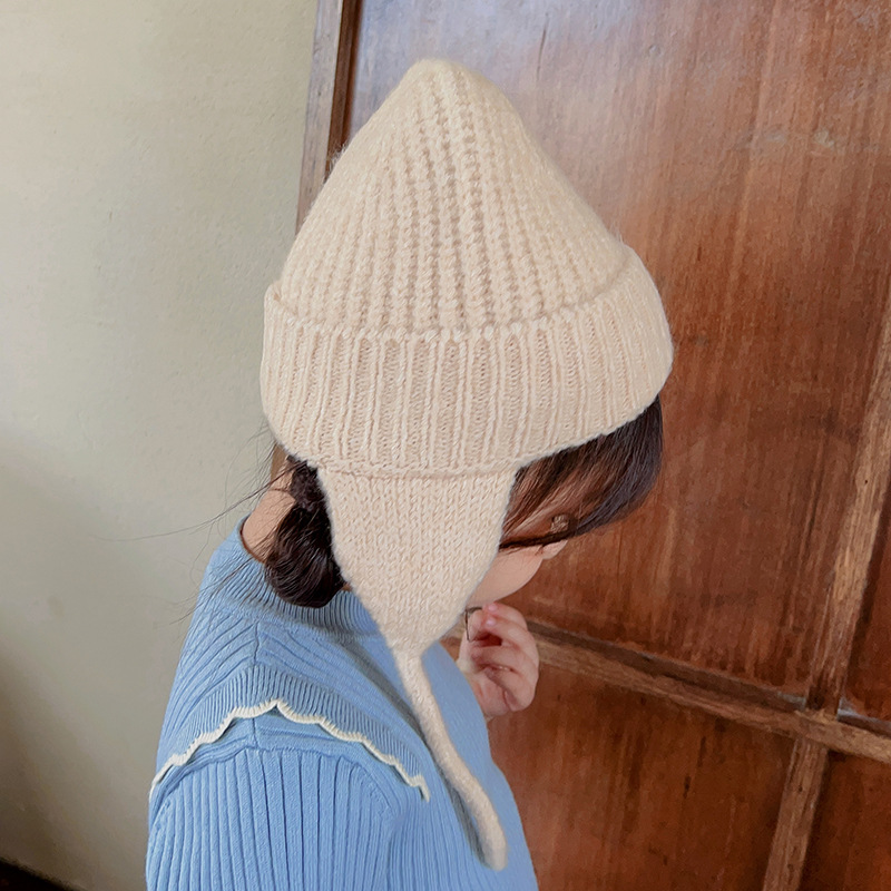 Gestrickte Ohrenschutzmütze für Kinder im japanischen Stil, neue Herbst- und Wintermütze aus dunkler, eleganter, warmer Wolle, einfarbige Strickmütze_voghion.com