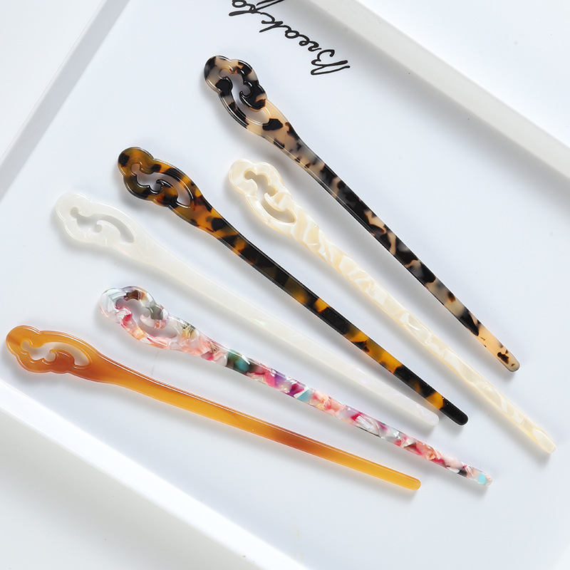 新品國風流行髮飾女祥雲紋醋酸板材髮簪簡約鏤空髮釵時尚盤髮簪子