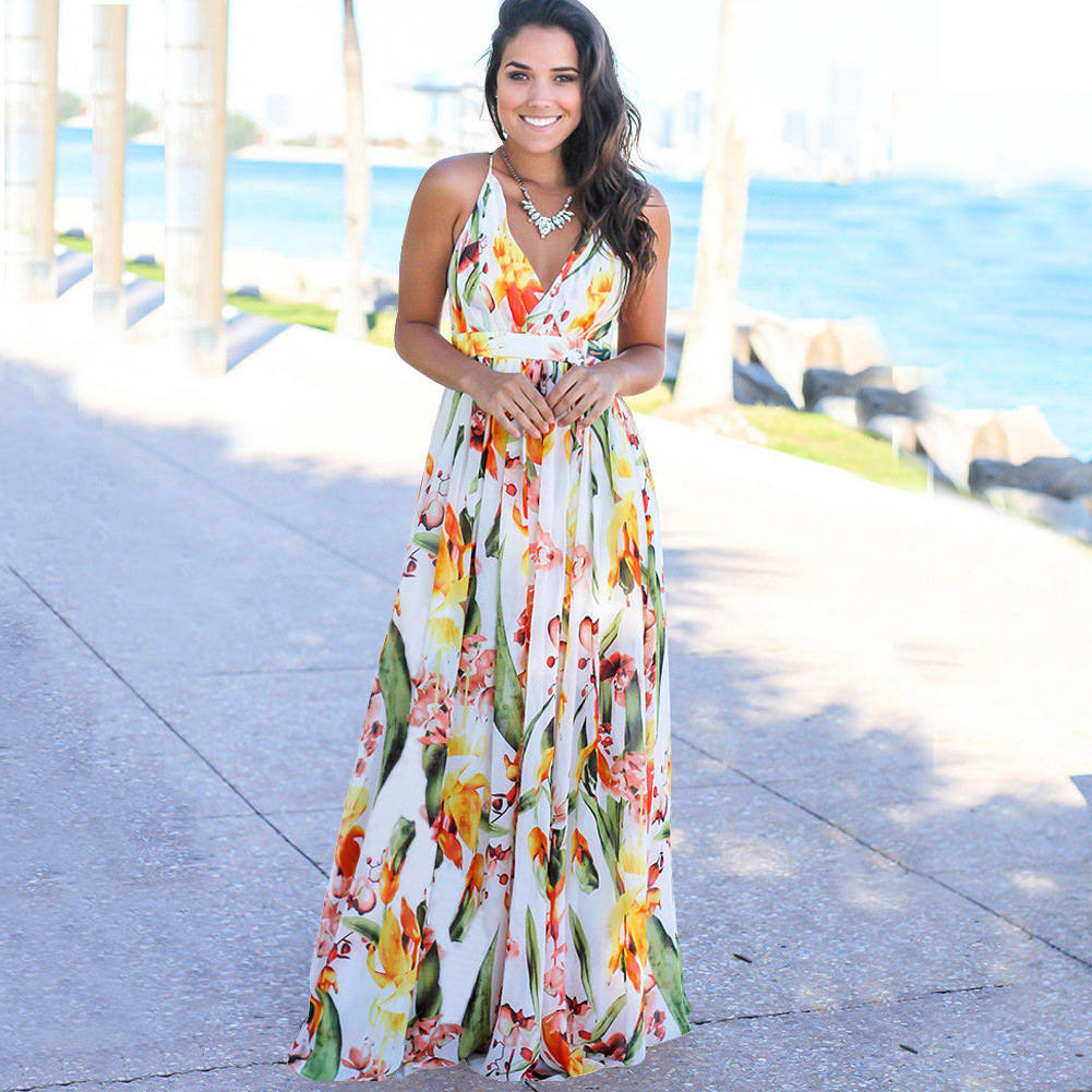 Dress Summer New Women's Long Dress European and American Cross-border Amazon Explosions Suspender Dress Printed Beach Long Dress