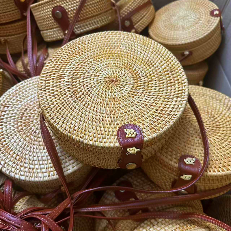 Rattan bag ins oblique cross mini bag forest basket retro woven round bag vacation bucket bag