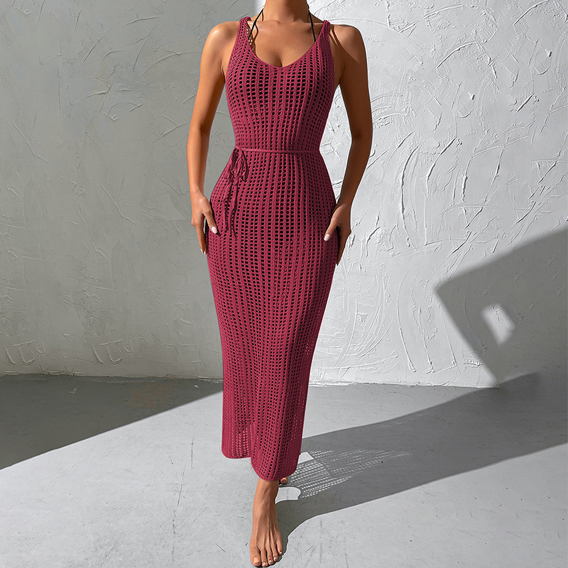 6-color European and American Cross-border Beach Hollow Backless Knitted Jumpsuit Women's Seaside Vacation Bikini Mesh Outer Cover
