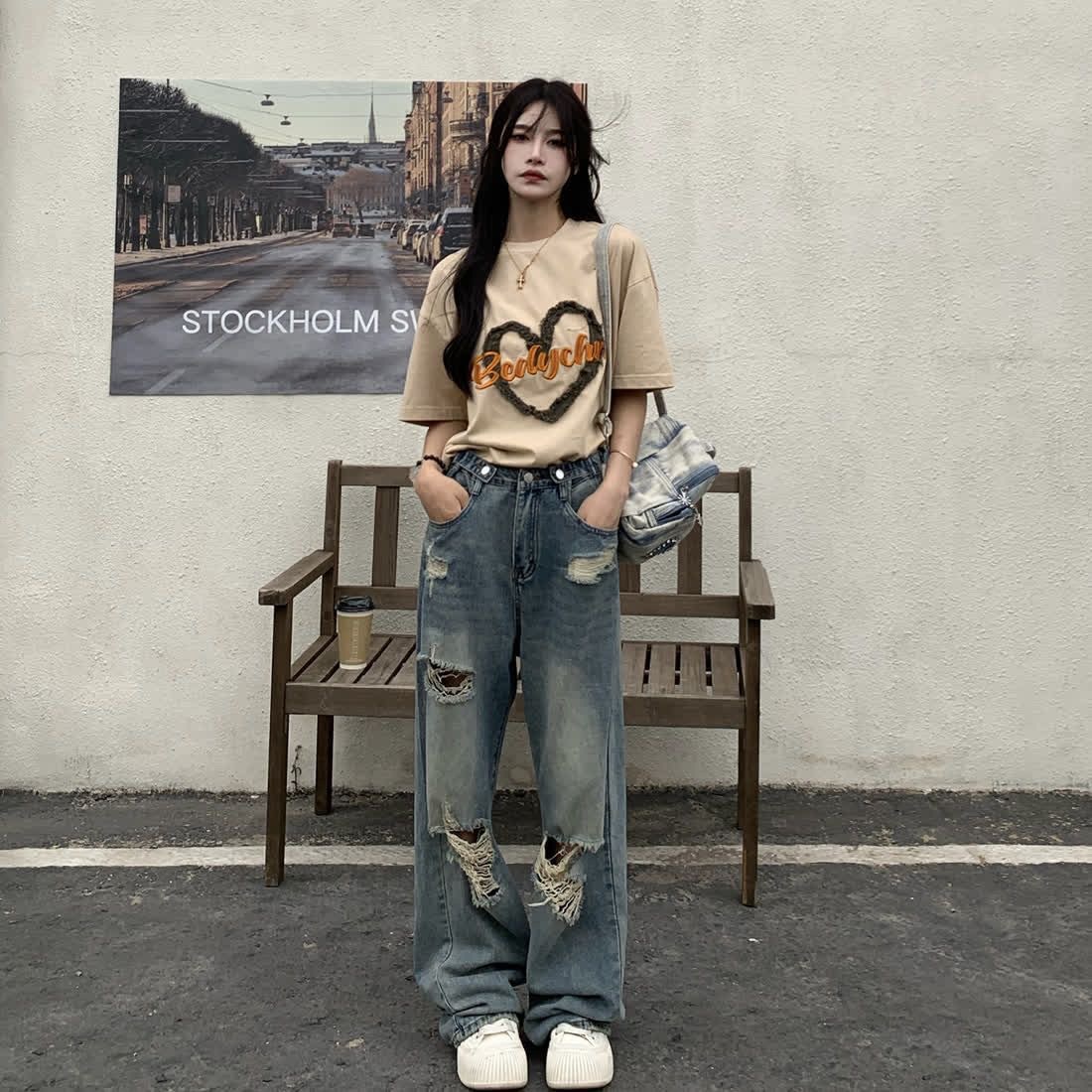 High waist ripped wide leg jeans for women 2023 spring and summer New loose slimming retro draping straight mop pants fashion