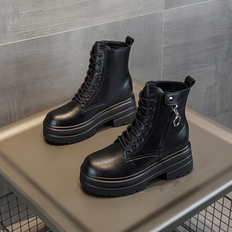 2023 autumn and winter new women's boots hidden height small thick bottom mid-calf versatile small boots British style Martin boots_voghion.com