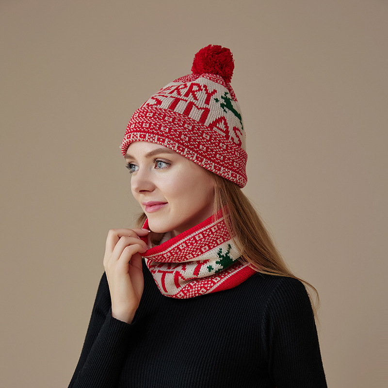 Apparel Accessories fur ball deer Christmas hat scarf suit knitted scarf fleece-lined collar warm Christmas hat_voghion.com