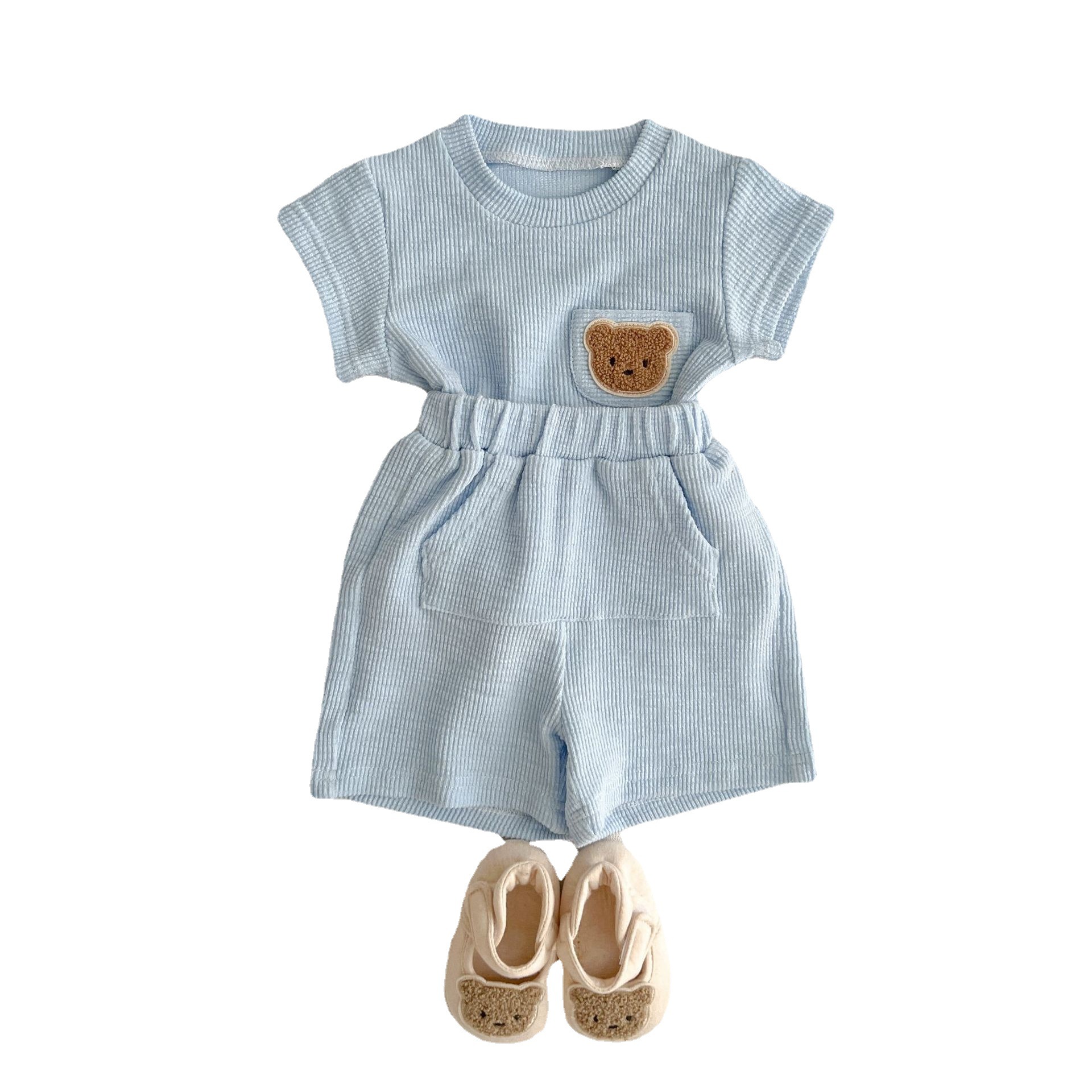 Infant Children's Short-sleeved Shorts Thin Suit Boys and Girls Baby Waffle Summer Split Two-piece Home Clothes