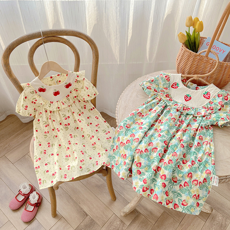 Strawberry Embroidered Ruffled Girl Dress 2023 Summer New Fruit Printed Children's Short Sleeve Doll Dress