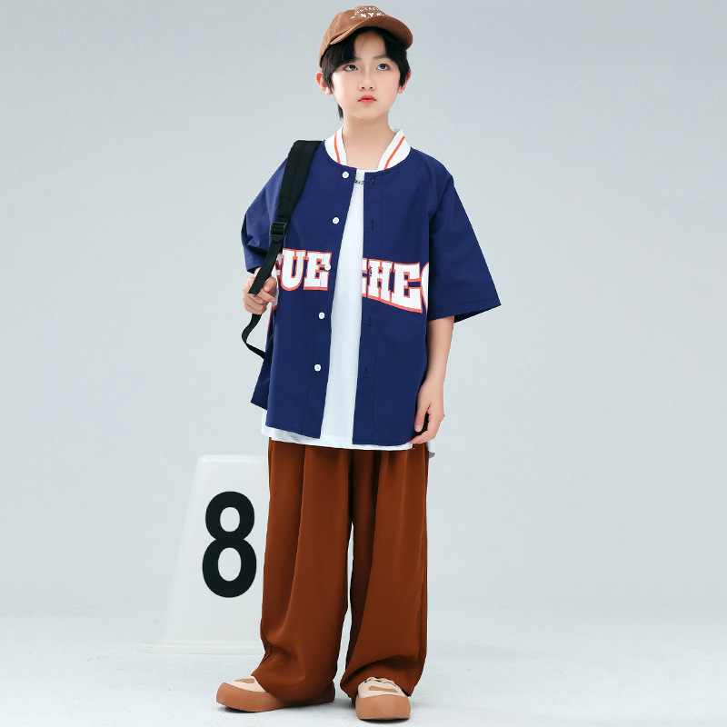 兒童街舞套裝男童寬鬆棒球服夏hiphop潮服女童嘻哈舞蹈服表演出服