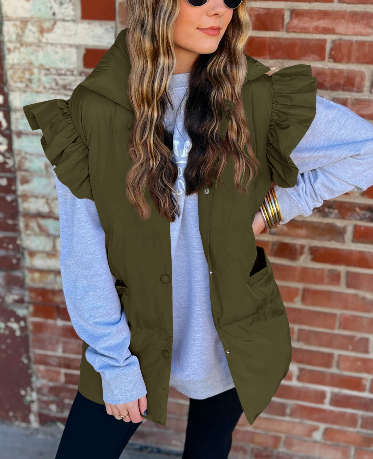 Grenzüberschreitende europäische und amerikanische Herbst- und Winterneuheiten mit lockerer Tasche und Baumwollpolsterung, fliegende Ärmel, elegante Weste, Stehkragen, Mode, Einreiher_voghion.com