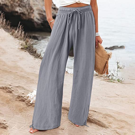2023 Summer TEMU Amazon European and American Cross-border Women's New Cotton and Linen Wide Leg Drawstring Beach Pants Casual Pants for Women