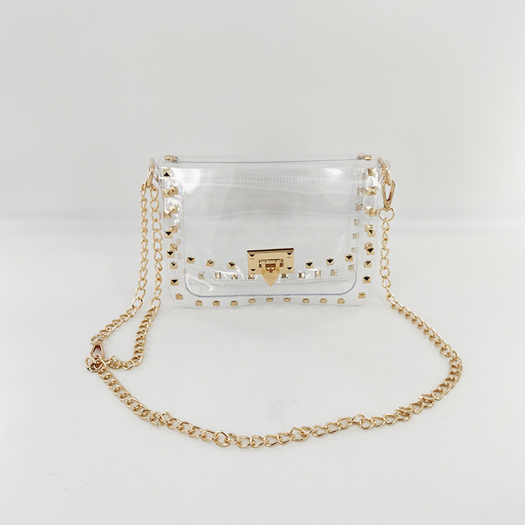 2023 New European and American Jelly Bag Rivet Decorative Transparent Bag Shoulder Crosbody Bag Chain Amazon Cross-border Fashion