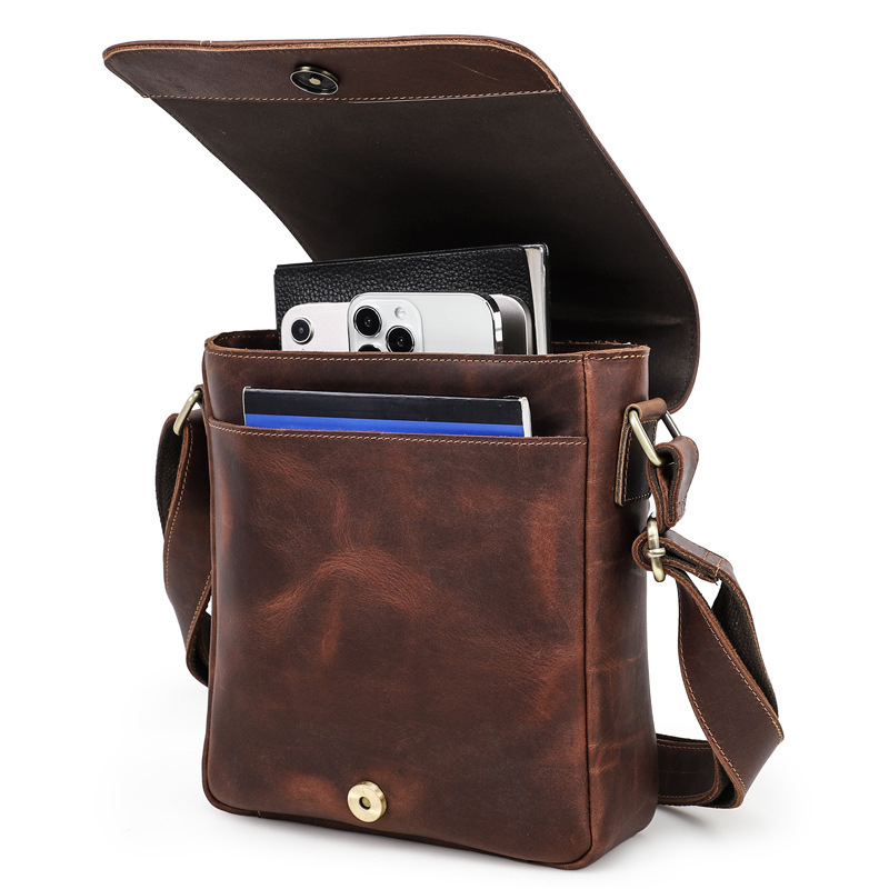 Black Angel Retro Crazy Horse Leather European and American Trendy Men's Shoulder Crossbody Bag Top Layer Cowhide Casual Men's Bag Cross-border Hair