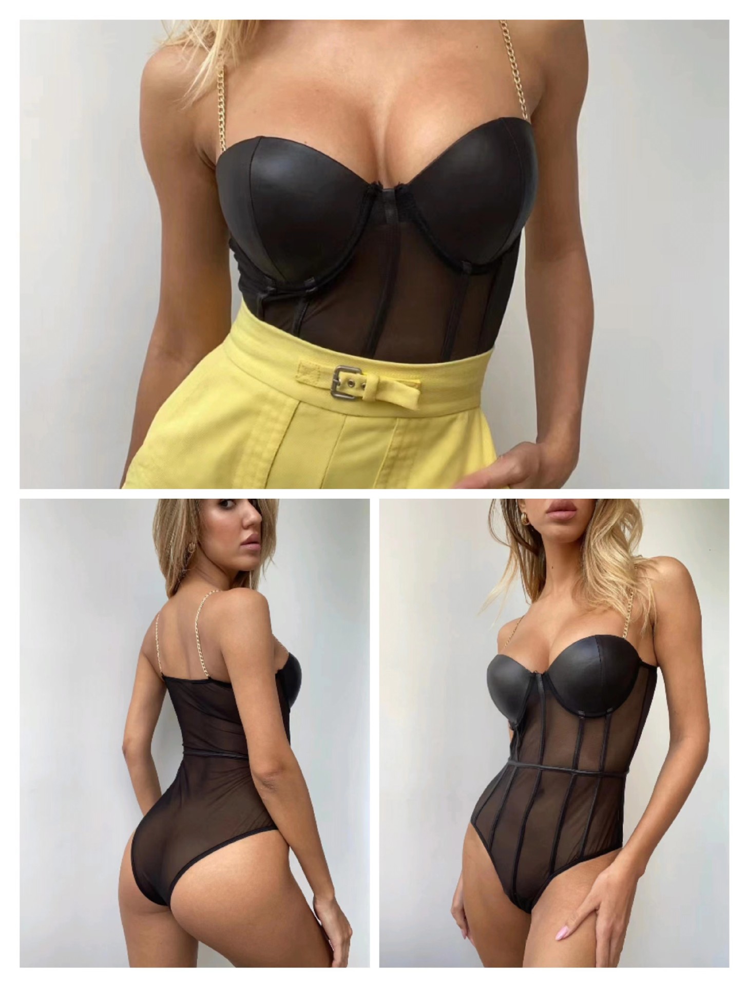 European and American fashion metal chain sling top mesh thin steel support push up underwear corset jumpsuit_voghion.com