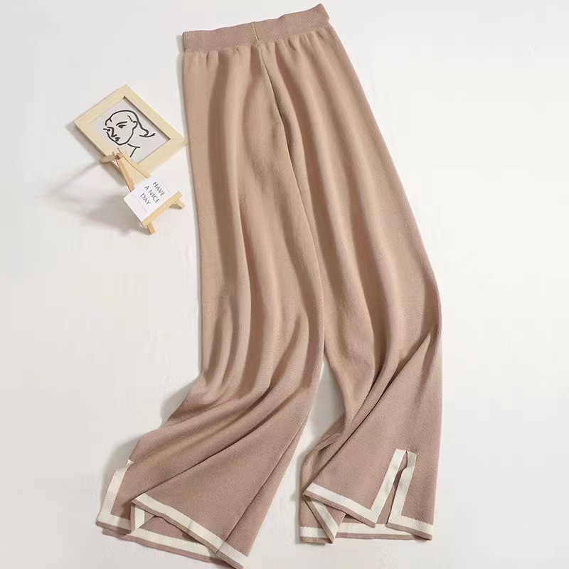 2024 autumn new temperament contrast color split long sleeve sweater high waist slim wide leg pants pants two-piece suit