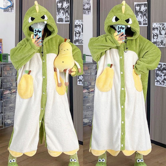 Dinosaur Pajamas Women's 2023 New Autumn and Winter Coral Fleece Nightgown Long Internet Popular Thickened Flannel Home Clothes