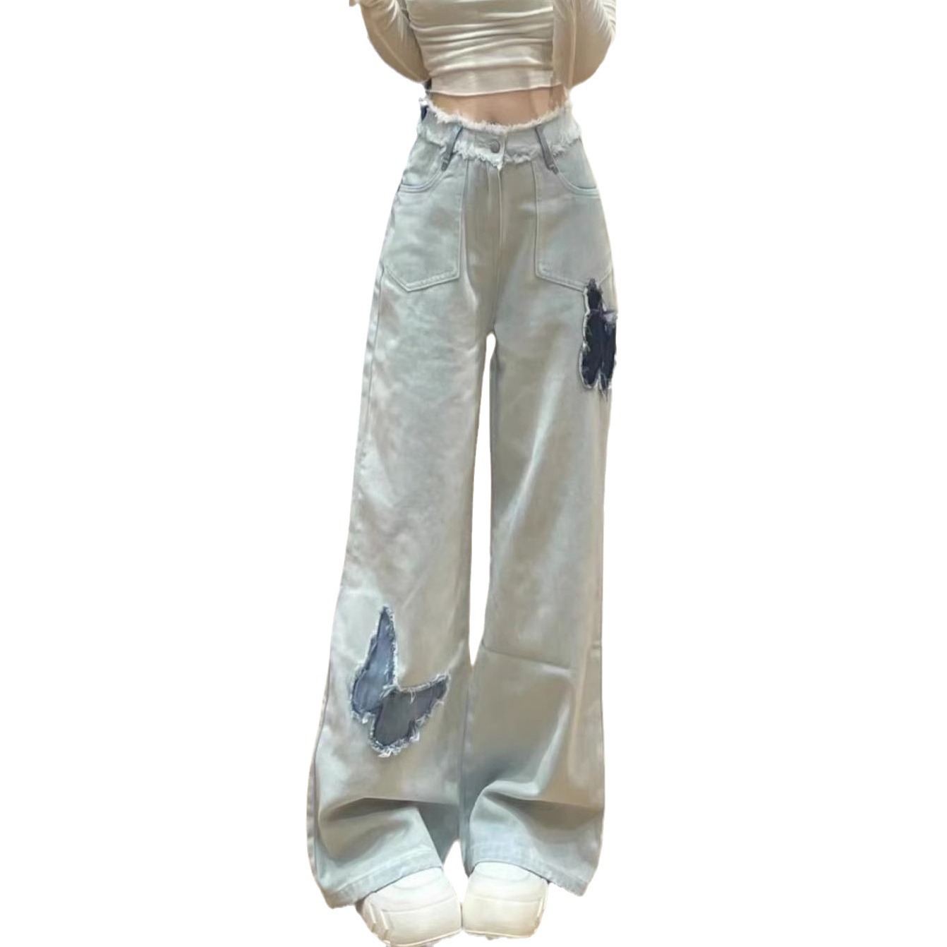 Light blue frayed butterfly straight jeans women's autumn New embroidered design high waist loose slimming wide leg pants