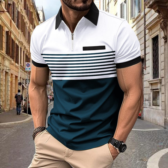 Cross-border Trade 2025 Spring Men's Printed Casual Popular Polyester Short-sleeved Striped Zipper Polo Shirt T-shirt for Men