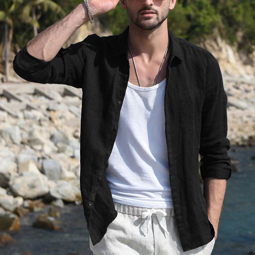 2023 foreign trade Amazon Europe and America pure cotton solid color long sleeve shirt men's youth casual cardigan shirt coat men