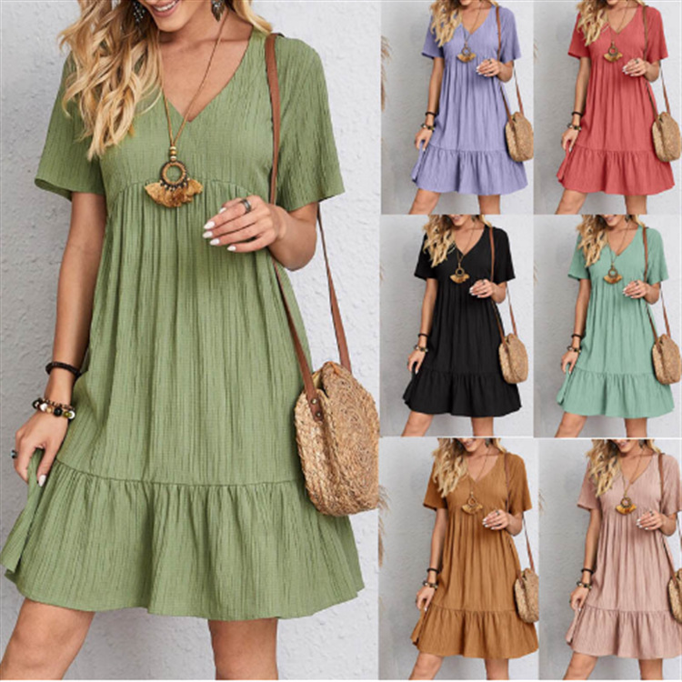 2023 European and American women's clothing Amazon popular summer loose casual short sleeve elegant dress 7 colors 6 size in stock