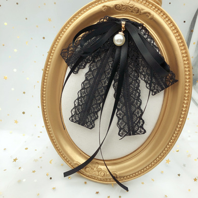 Women's Cute Lace New Clothing Accessories Black Lace Tie Pearl Tie Bow Pin Brooch