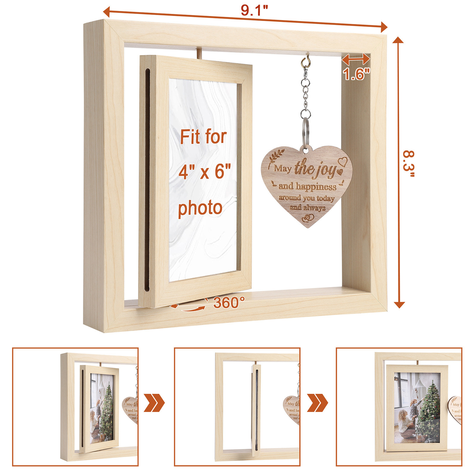 Cross-border hot sale double-sided rotating photo frame 6-inch wooden frame with pendant table decoration Mother's Day Christmas New Year gift