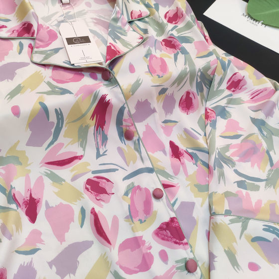 2023 ice silk pajamas women's high-grade thin printed plus size tulip Internet celebrity simulation silk home wear wholesale