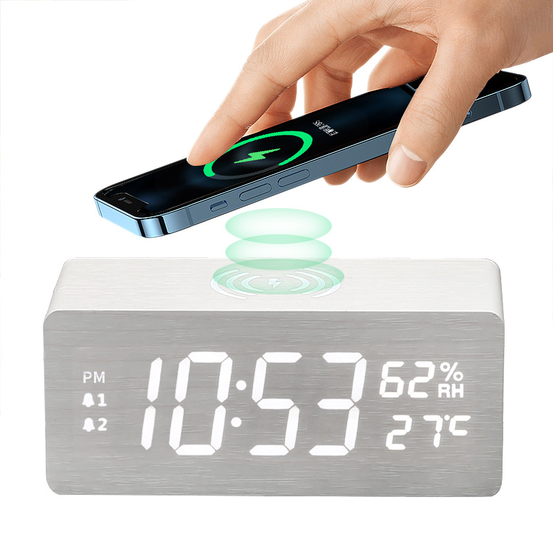 Multifunctional 15W fast charging wooden temperature and humidity wireless charging LED calendar clock sleeping alarm clock creative electronic clock
