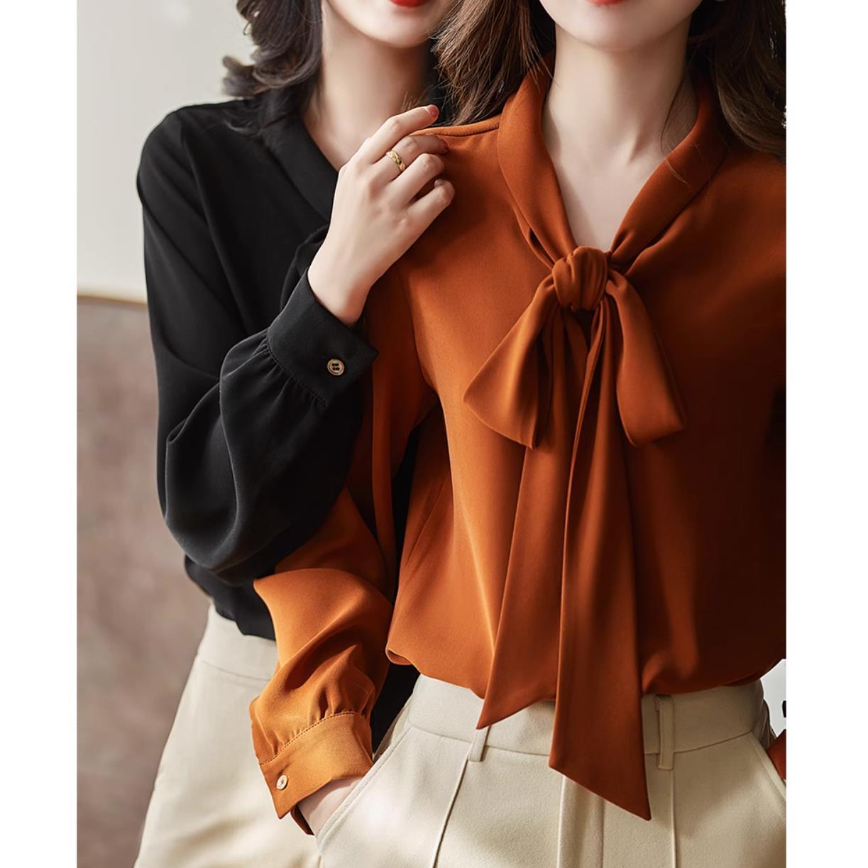 2023 Spring New Commuter Inner Top Bow Ribbon V-Neck Draping Slimming Elegant Korean Style Shirt for Women