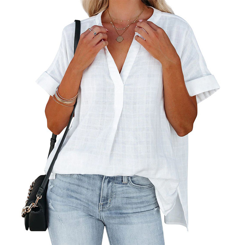 European and American Foreign Trade Women's 2023 Amazon Summer New Short-sleeved Thin V-neck Pullover Shirt Loose Shirt for Women