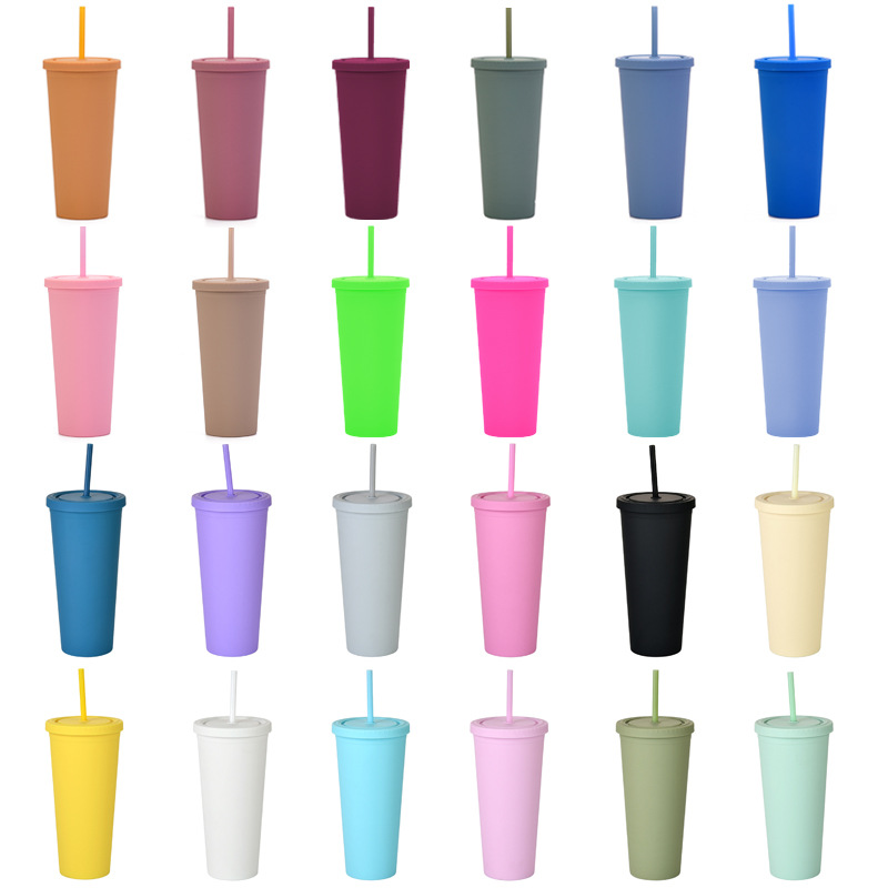 Double Layer Plastic Straw Cup Simple 24oz Large Capacity Water Cup Frosted Handy Customizable