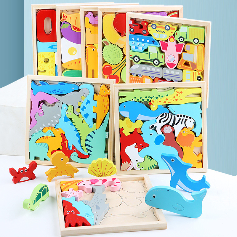 Cartoon children's creative wooden three-dimensional puzzle Tetris animal hand-held puzzle building blocks Transportation