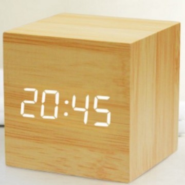 Mini wooden clock led electronic clock wooden alarm clock voice control luminous creative bedside desktop clock student