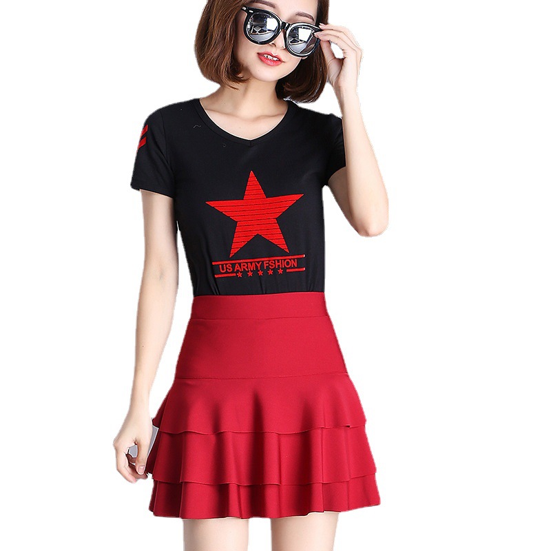 Sailor Dance Costume Top T-Shirt Women's Short-sleeved Five-pointed Star Flocking Square Dance Practice Dresses Group Purchase for Performance