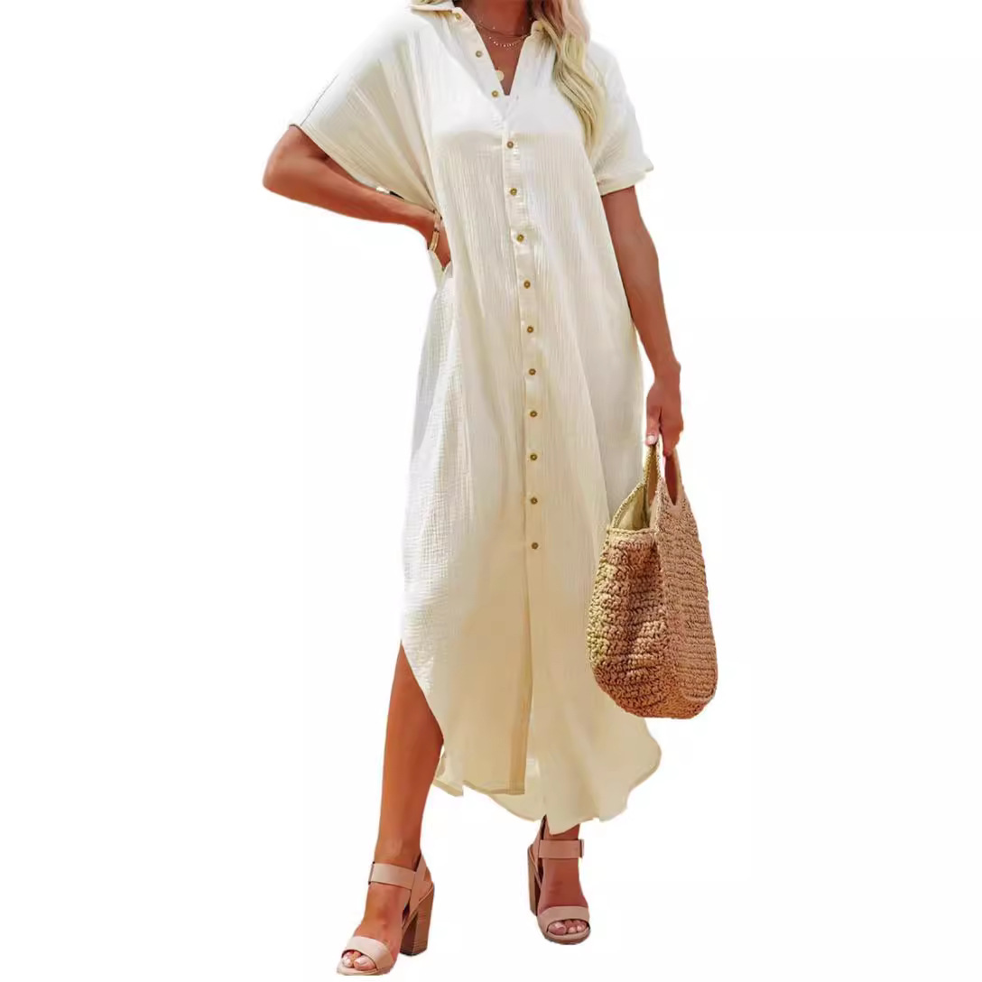 Cross-border Hot Solid Color Shirt Women's Simple Style Summer New Long V-neck Single-breasted Short-sleeved Cardigan Shirt for Women